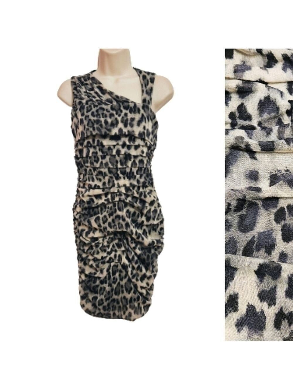 Allen B Black Beige Cheetah Print Mesh Ruched Mini Dress Extra Small